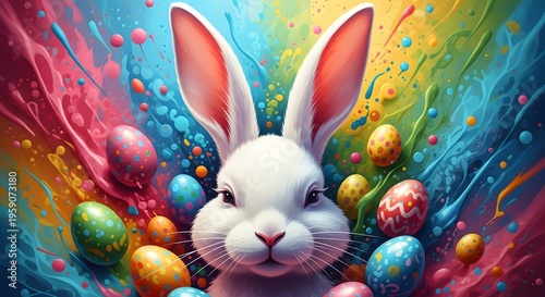 Easter bunny surrounded by colorful eggs
