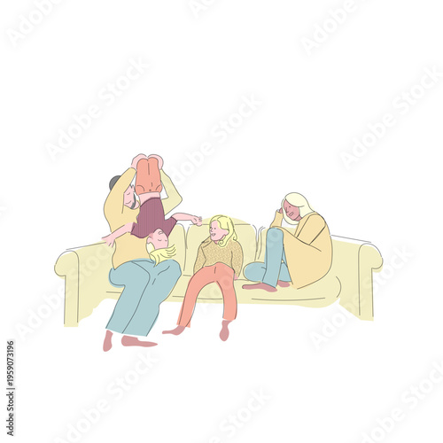 an illustration of family playing on couch