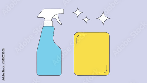 Cleaning supplies on a purple background with sparkles