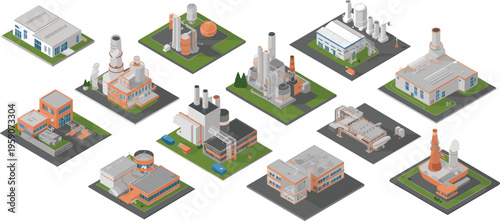 Set of isometric industrial factory buildings with power plants refineries warehouses manufacturing facilities energy production architecture 3d illustration collection