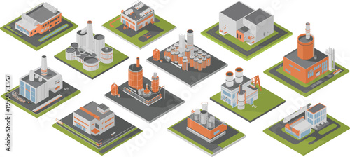 Set of isometric industrial factory buildings with storage tanks refineries manufacturing plants energy facilities architecture 3d illustration collection design