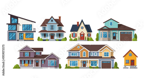 Set of diverse residential house building illustrations in various architectural styles on white background