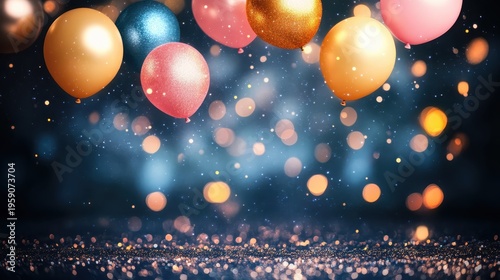 Festive New Year balloons with glitter accents floating above a celebratory dance floor with soft lighting creating a party atmosphere