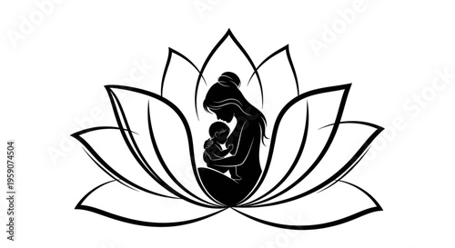 Mother breastfeeding baby silhouette inside a blooming lotus flower petal frame