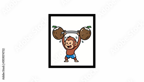 Strong Monkey Lifting Weights: Funny Fitness Concept with Coconuts