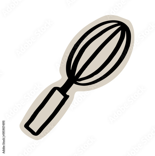 Baking whisk scrapbook doodle sticker icon: hand drawn illustration of kitchen egg beater, dough mixer tool, and pastry cooking design