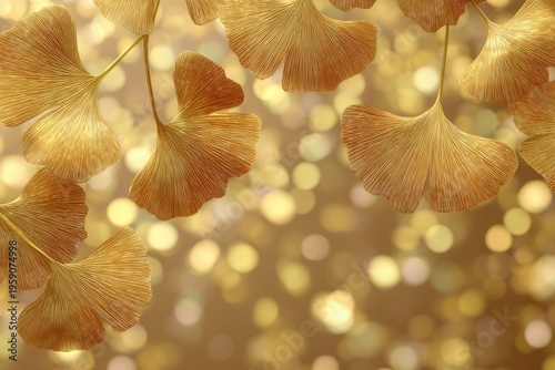 Golden ginkgo leaves falling with sparkling bokeh background