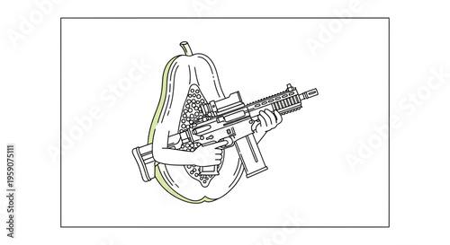 Surreal Papaya with Rifle, Abstract Concept Art, Food and Weapon Fusion