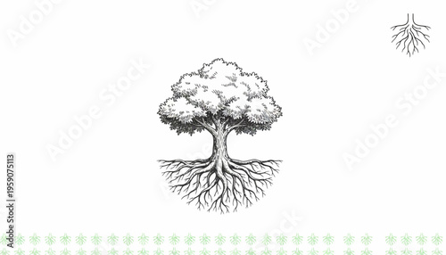 Stylized Tree with Intricate Roots, Symbolizing Growth, Life, and Nature