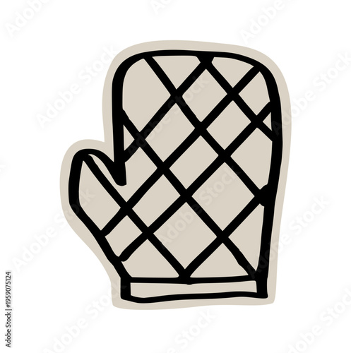 Quilted oven mitt scrapbook doodle sticker icon: hand drawn illustration of kitchen glove, baking tool, and cooking menu design