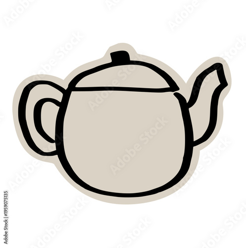 Ceramic teapot tea time scrapbook doodle sticker icon: hand drawn illustration of kitchen pot, hot drink, and cafe beverage menu design