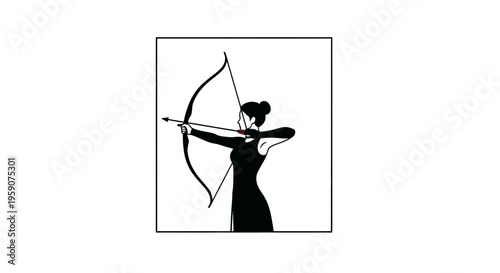 Silhouette of a woman archer aiming a bow and arrow, focus and precision