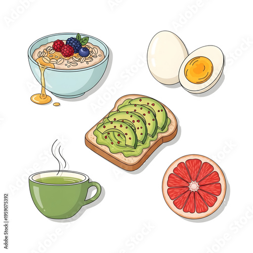 Hand-Drawn Breakfast Set Illustration with Avocado Toast, Oatmeal Bowl, Boiled Eggs, Grapefruit, and Matcha Green Tea – Healthy Morning Meal Icons Isolated on White
