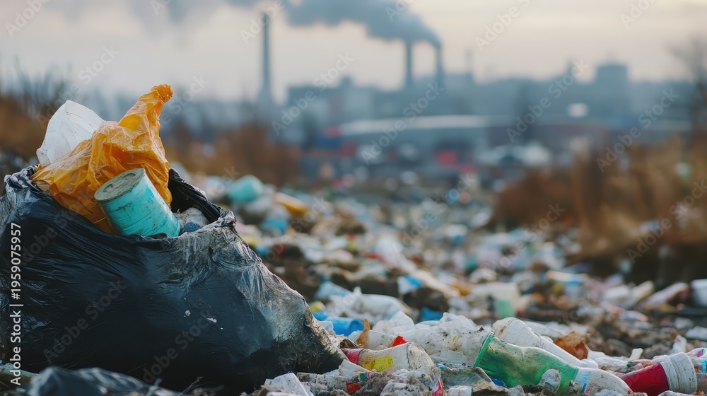 Fototapeta premium Hazardous waste pollution near industrial factories with smoke emissions and a close-up view of discarded trash