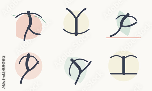 A collection of stylized abstract human figures depicted in various dynamic yoga exercise poses