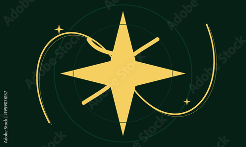 A minimalist golden star icon centered on a dark green background with subtle swirling lines design