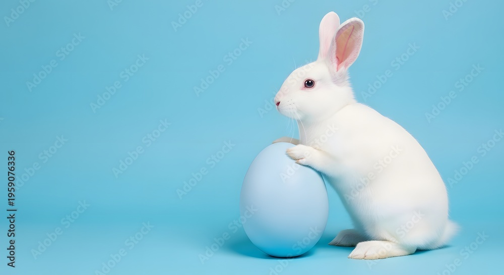 Obraz premium White easter bunny with blue egg on light blue background