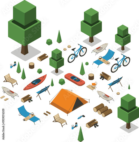 3D isometric camping collection with tent, bicycles, kayaks, trees, outdoor furniture, forest adventure gear, travel recreation low poly illustration set