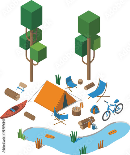 3D isometric camping scene by river with tent, bicycle, kayak, trees, outdoor gear, forest adventure travel recreation illustration
