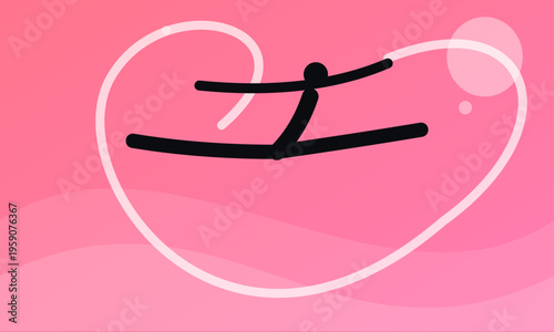 A minimalist stick figure performing a graceful rhythmic gymnastics routine on a pink background