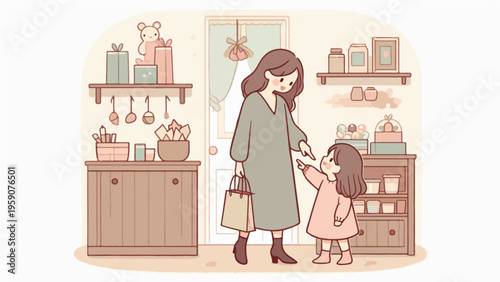 Mother and daughter shopping together in a pastel grocery store, warm family lifestyle illustration