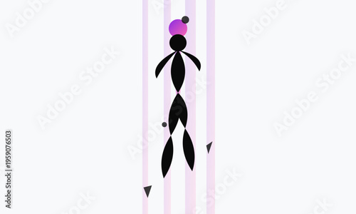 Abstract stylized human figure floating amidst vertical light beams and geometric shaped elements