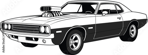 Classic muscle car vector illustration, vintage American sports car with engine blower isolated on white background for automotive design, racing, tuning, poster and apparel use