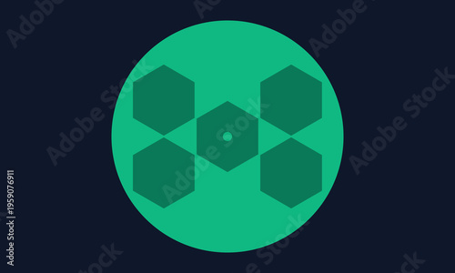 A minimalist graphic design featuring five dark green hexagons arranged inside a bright green circle