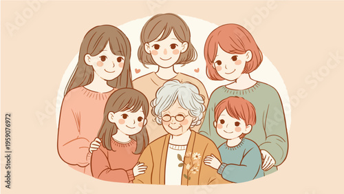 Multigenerational family portrait — grandmother surrounded by smiling adults and children, warm loving togetherness