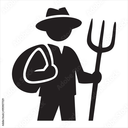 Black silhouette icon of a farmer wearing a hat, carrying a sack, and holding a pitchfork, representing agriculture.
