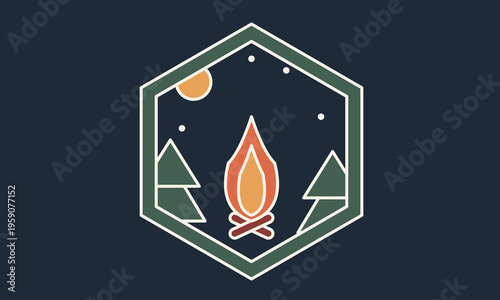 A minimalist hexagonal badge illustration featuring a campfire in a dark forest at night time