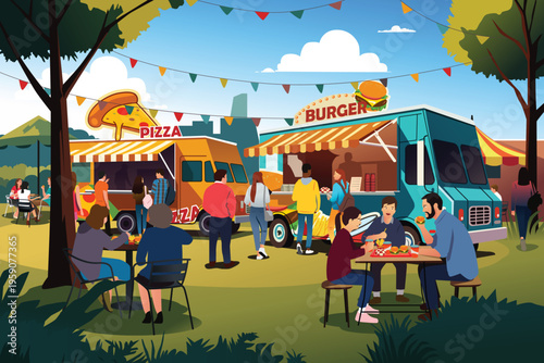 People Eating in Food Trucks Outdoor Vector Illustration