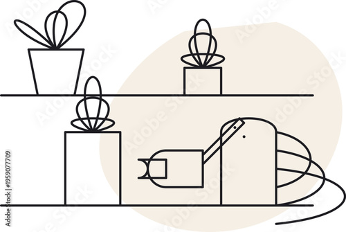 Minimalist line art illustration featuring potted plants and a small robotic arm on two shelves
