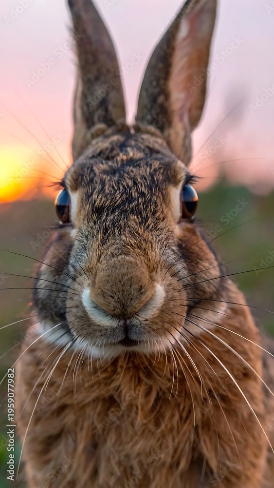 Obraz premium European Hare Stares Intently at Camera During Sunset.
