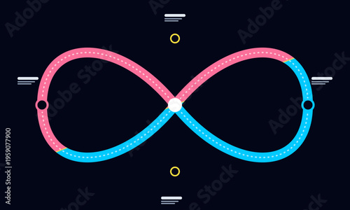 A stylized infinity loop infographic design featuring pink and blue paths on a dark background