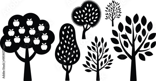 Fruit tree silhouette set with apple and pear trees, botanical garden vector collection isolated on white background for agriculture, organic farming, nature design and education use