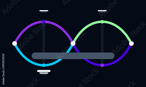 A minimalist graphic design featuring a dual infinity loop diagram on a dark navy background area.