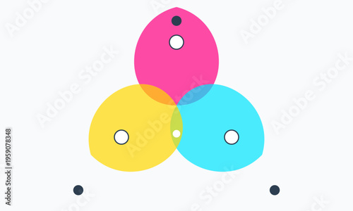 A minimalist graphic design featuring three overlapping colorful circles with simple dot markers