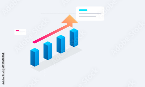 Isometric bar chart with a rising arrow representing business growth and positive data trends