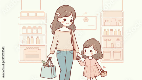Mother and Daughter Enjoying a Wholesome Shopping Moment in a Pastel Grocery Illustration - Mothers Day