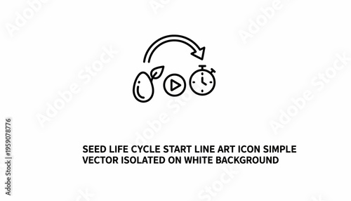 Seed Life Cycle Start Icon: Sprout, Play Button, Timer - Simple Line Art Vector