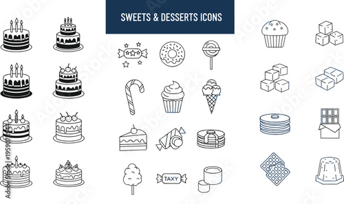 Sweets and desserts line icons vector set with cake candy cupcake ice cream chocolate sugar and bakery treats illustration