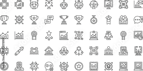 Business and technology line icons vector set with analytics growth charts awards innovation automation and corporate success symbols
