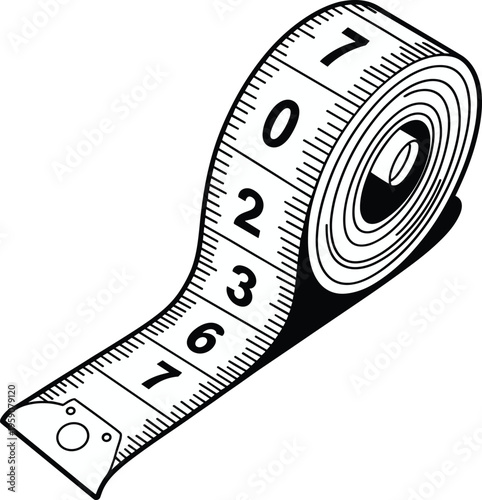 Measuring tape vector illustration, flexible ruler tool for sewing, tailoring and construction measurement isolated on white background for fashion design, DIY projects and workshop use