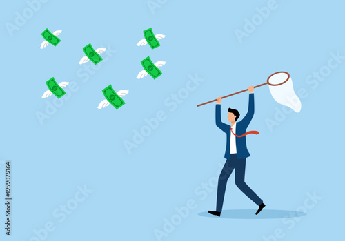 Businessman chasing money that is flying away in flat design vector illustration
