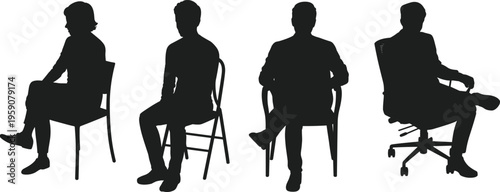 Silhouettes of four people seated on different chairs, varied posture illustration, formal and casual seating concept, ergonomic design representation