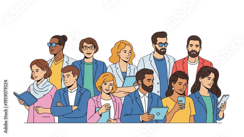 Diverse Businesspeople Using Smartphones and Tablets Modern Workplace Technology Illustration
