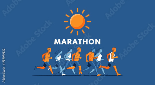 Dynamic Marathon Runners Underneath A Bright Stylized Sun Icon
