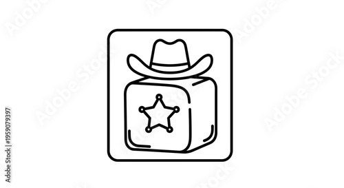 Sheriff Badge on Cube with Cowboy Hat Icon, Western Theme