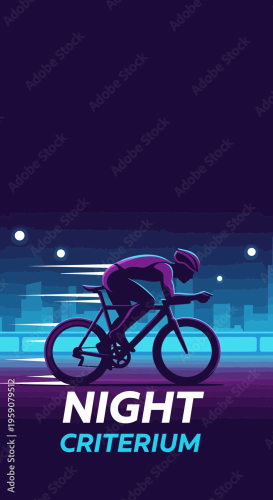 Fototapeta premium Dynamic Night Criterion Race Depiction, Cyclist Silhouette in Vibrant Cityscape Design Element